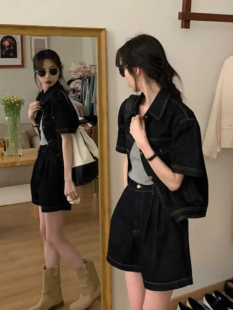 Korean Style Commuter Retro Slimming Short Sleeved Denim Jacket Versatile Casual Style Shorts 2-piece Set