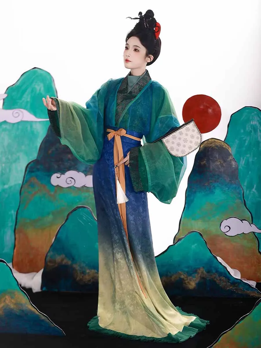Traditional Chinese Hanfu Dress Women Gradient Green Tang Dynasty Lady Costume Stage Performance Costume Halloween Cos Costume