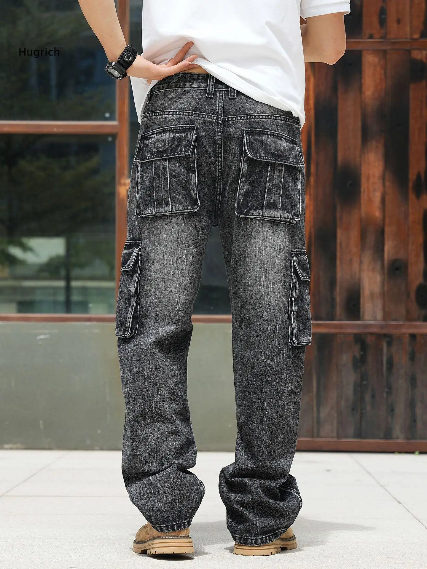 Men Loose Baggy Denim Cargo Trousers Vintage Washed Effect Multi Side Pockets Wide Leg Design For Street Daily Occasions