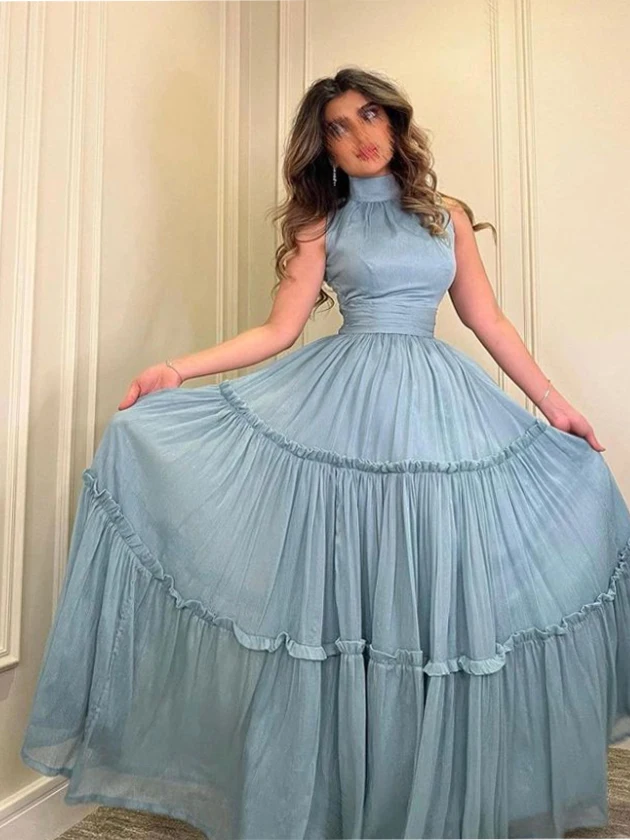 Personnalisé de haute qualité Style moderne exquis Jersey plissé froncé a-ligne col haut robes longues robes de bal mode formelle S