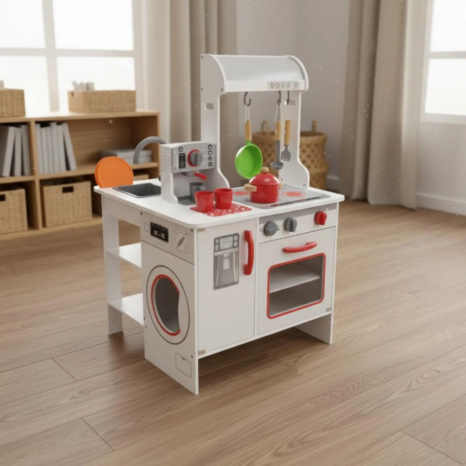 

Wooden Toy Kitchen Realistic Wooden Play Kitchen Mini Pots and Pans Sturdy Playthings Fine Movement Skills for Toddlers, Daycare