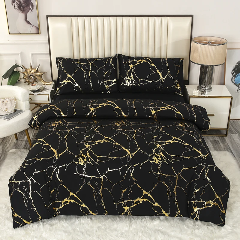 

Golden Marble Texture Applique Art Duvet Cover Set King Queen Double Full Twin Single Size Bed Linen Set