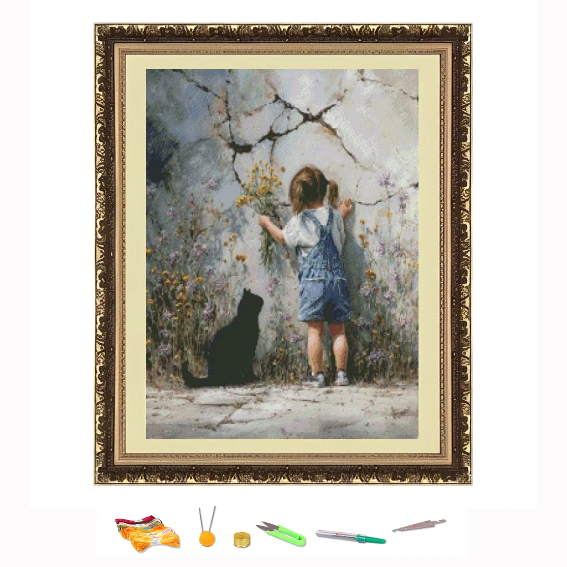 

Cross Stitch Embroidery Cat in the flowers Thread Drawing DIY Needlework Kit Decorate Printed on Canva 11CT