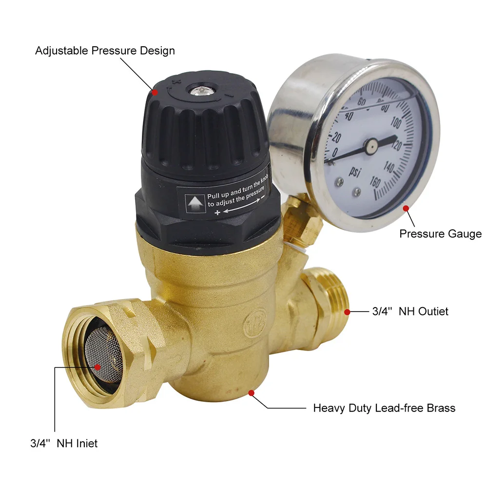 Regulator ciśnienia wody do kamperów 3/4 cala z manometrem, gwint DN20 NPT, regulowany mosiężny zawór kontroli ciśnienia do przyczep kempingowych.