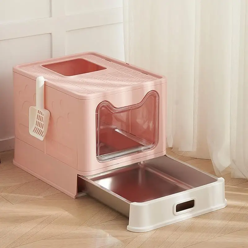 Fully Enclosed Stainless Steel Cat Litter Box Large Drawer Type Folding Anti-odor Cat Toilet Anti-splash Pet Supplies