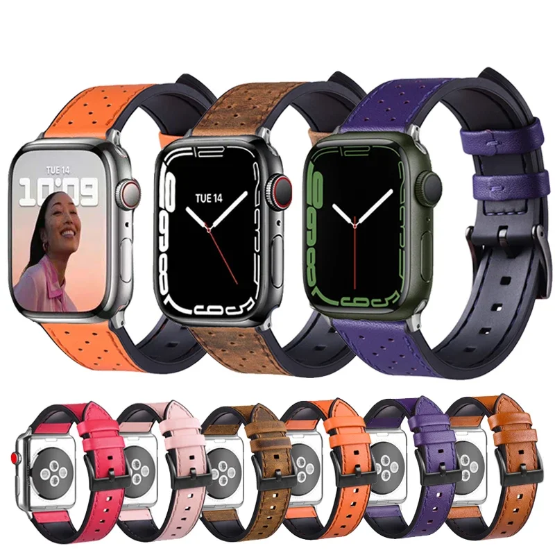 

Ремешок из кожи и силикона для Apple Watch Series 8 7 45 мм 41 мм, спортивный браслет для iwatch 6 5 4 SE 44 мм 40 мм Series 42 мм