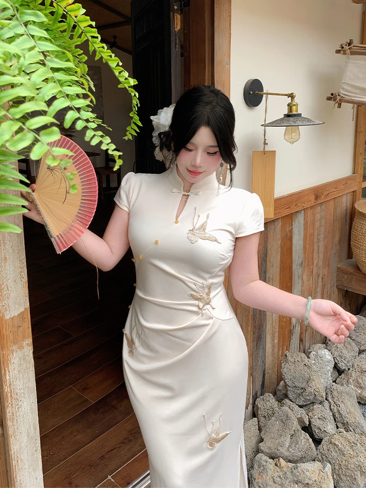 

New Chinese Style Embroidery plus Size Dress Slimming Waist High Waist A-Line Skirt Short Sleeve Mid-Length Summer ...