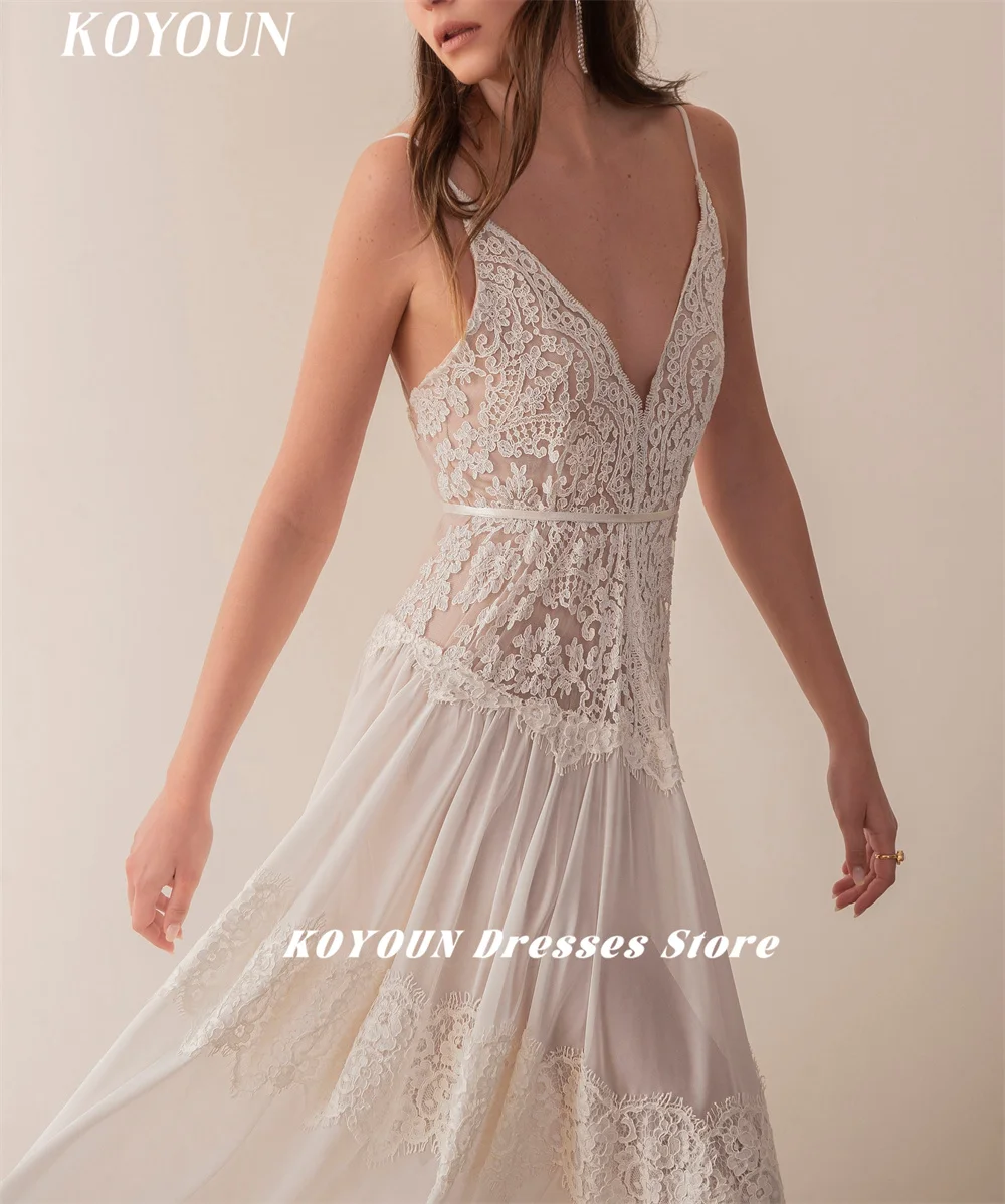 KOYOUN Boho Elegant A-line Illusion Wedding Dress Deep Plunging Neckline Sexy Gelinlik 2024 Lace Open Back Bridal Party Dress