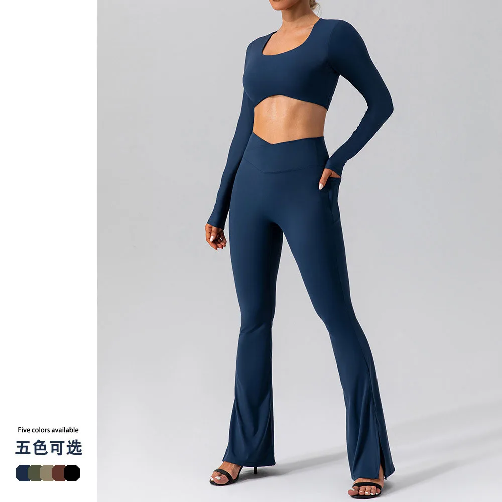

Yoga Sets 2pcs Women Sports Wear Workout Clothes Athletic Gym Legging Wide Pants Fitness Long Sleeve Padded Crop Top Sport Suits