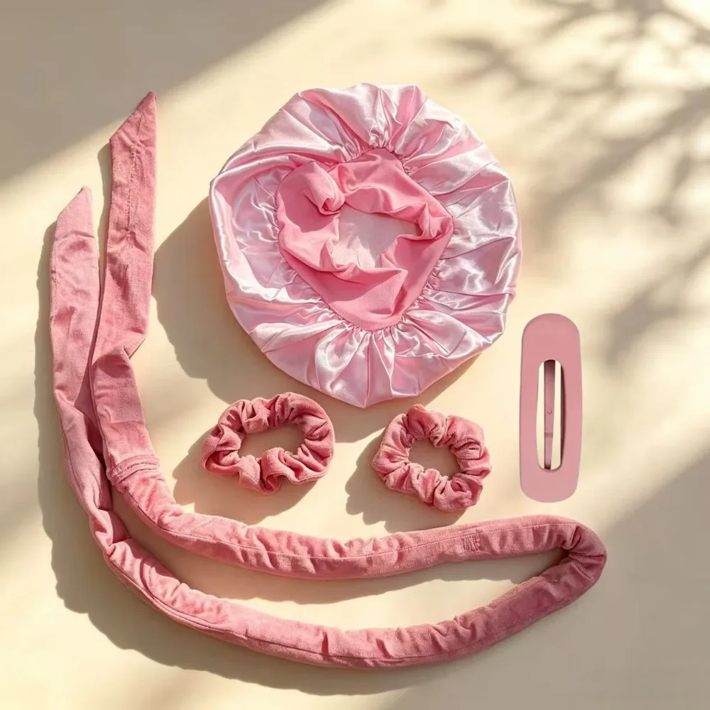 Kit de bigoudis sans chaleur en velours avec bandeau + bonnet de nuit en satin + élastiques à cheveux – Outils de coiffure et de soin des cheveux
