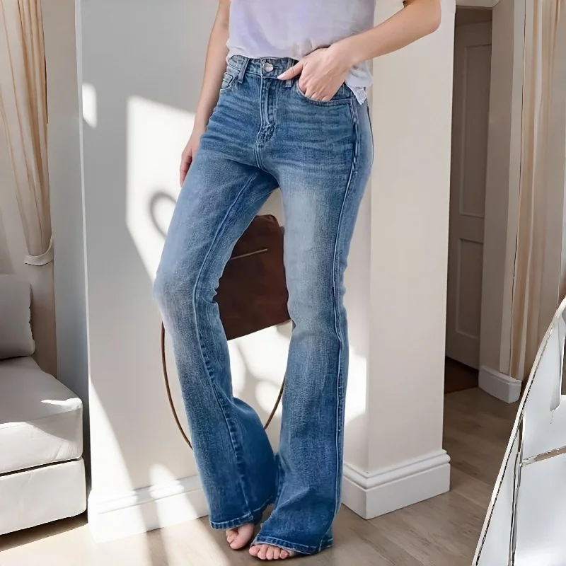 Women's Mid-Rise Stretchy Flare Jeans Retro Slim-Fitting Versatile Office Casual Wear Stretch Denim Pants