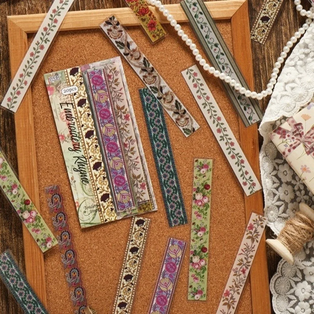 20pcs Wear-Resistant Vintage Lace Stickers DIY Craft Long Strip Design Long Lace Ribbon Floral Pattern Retro Style PET Stickers