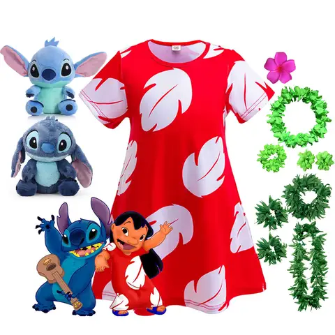 Disney New Movie Lilo & Stitch Classic Lilo Costume Girl Cosplay Dress and Hawaiian Beach Play Leaf Decoration+Stitch Doll Set