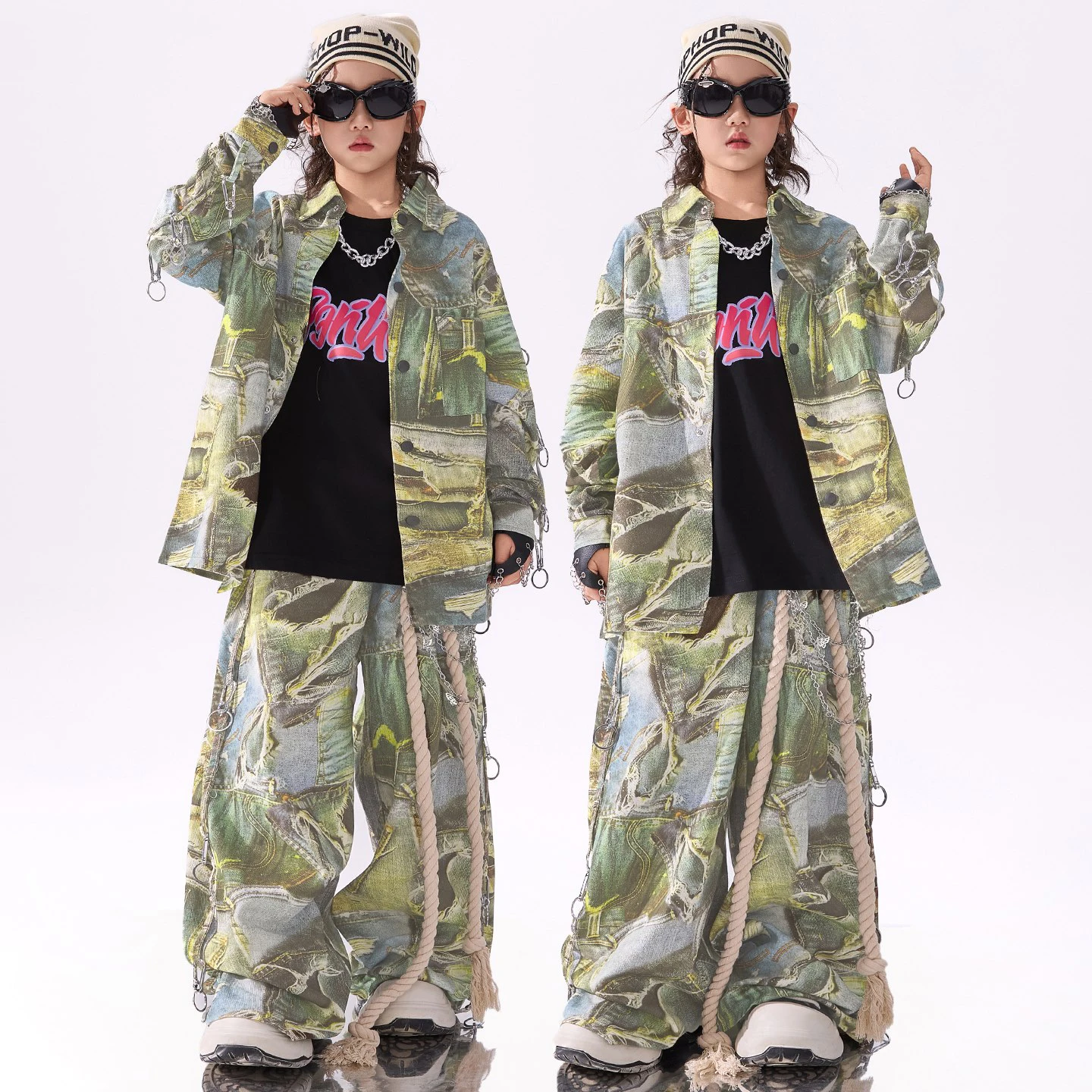 

Модная детская одежда 2025 года, зеленый костюм в стиле хип-хоп, пальто с длинными рукавами, брюки, мешковатая уличная одежда, костюм для выступлений для девочек и мальчиков L17373