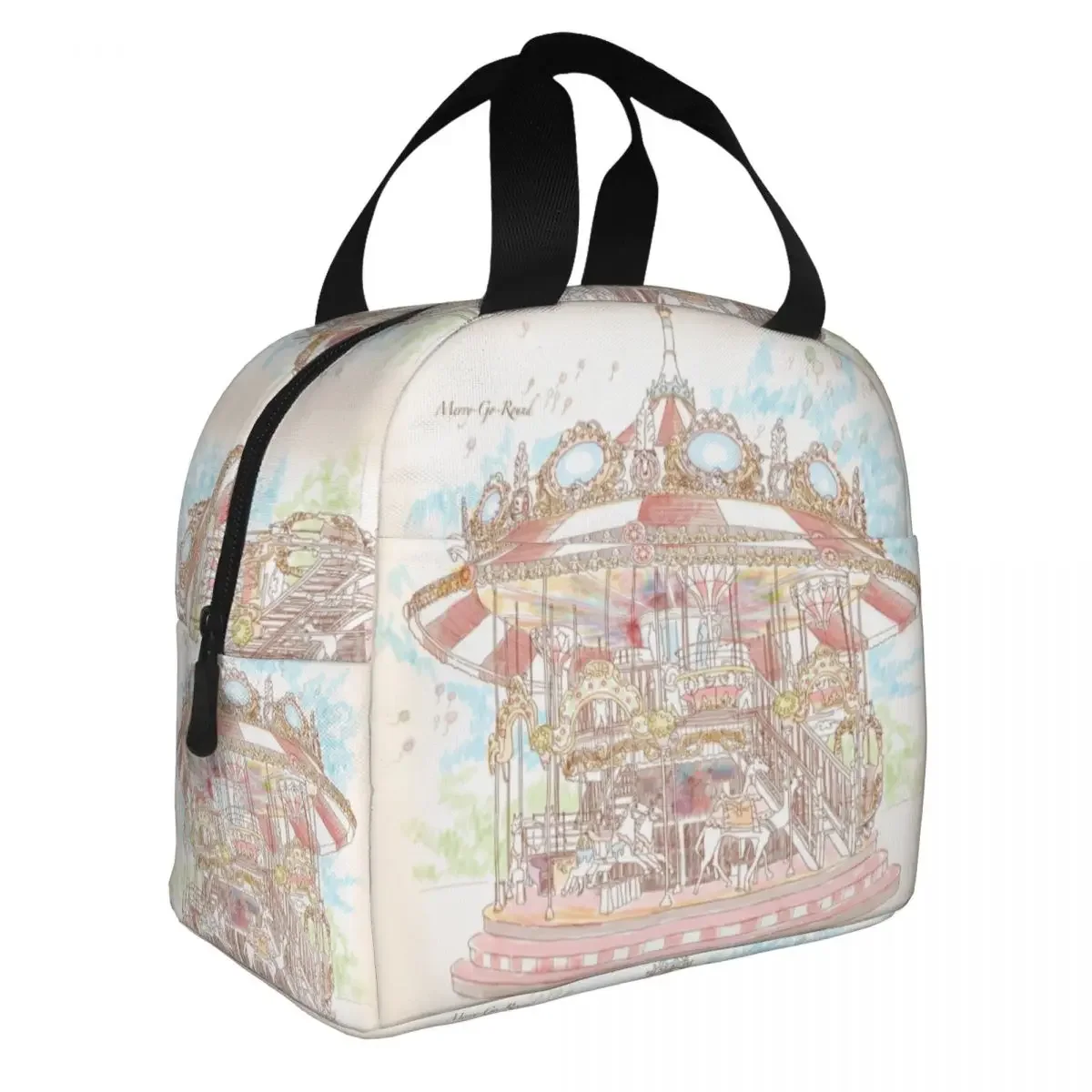 Custom Pastel Circus Carousel Portable Lunch Boxes for Women Leakproof Amusement Park Thermal Cooler Food Insulated Lunch Bag