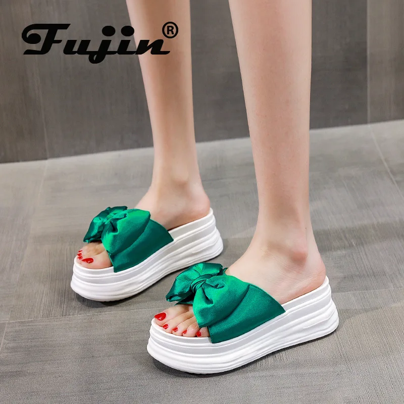 

Fujin 7cm Silk Women Platform Slippers Wedge Sandals High Heel Bowtie Design Outdoor Summer Shoes Slides Gladiator Sandals