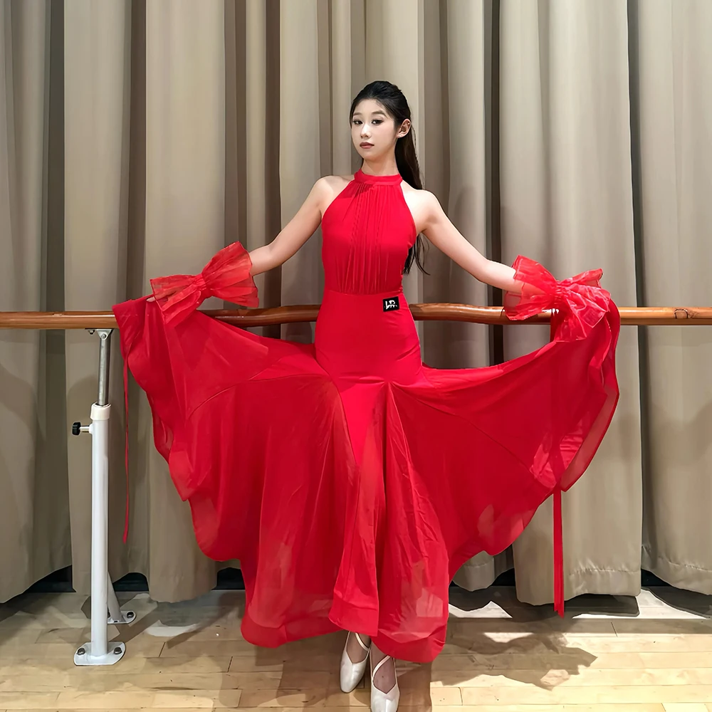Red Women Ballroom Dance Dress Detachable Bow Cuffs Flowy Big Swing Modern Waltz Tango Performance Practice Costume