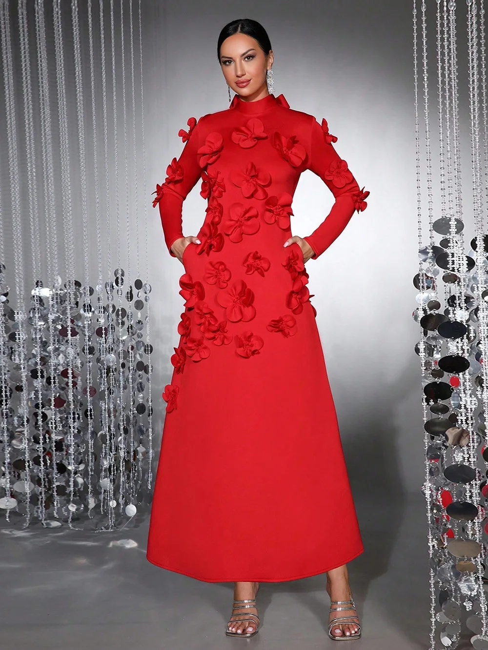 

Women'S Autumn New Style French Elegant Long Skirt, High-End Three-Dimensional Flower Decoration Stand Up Collar Dress