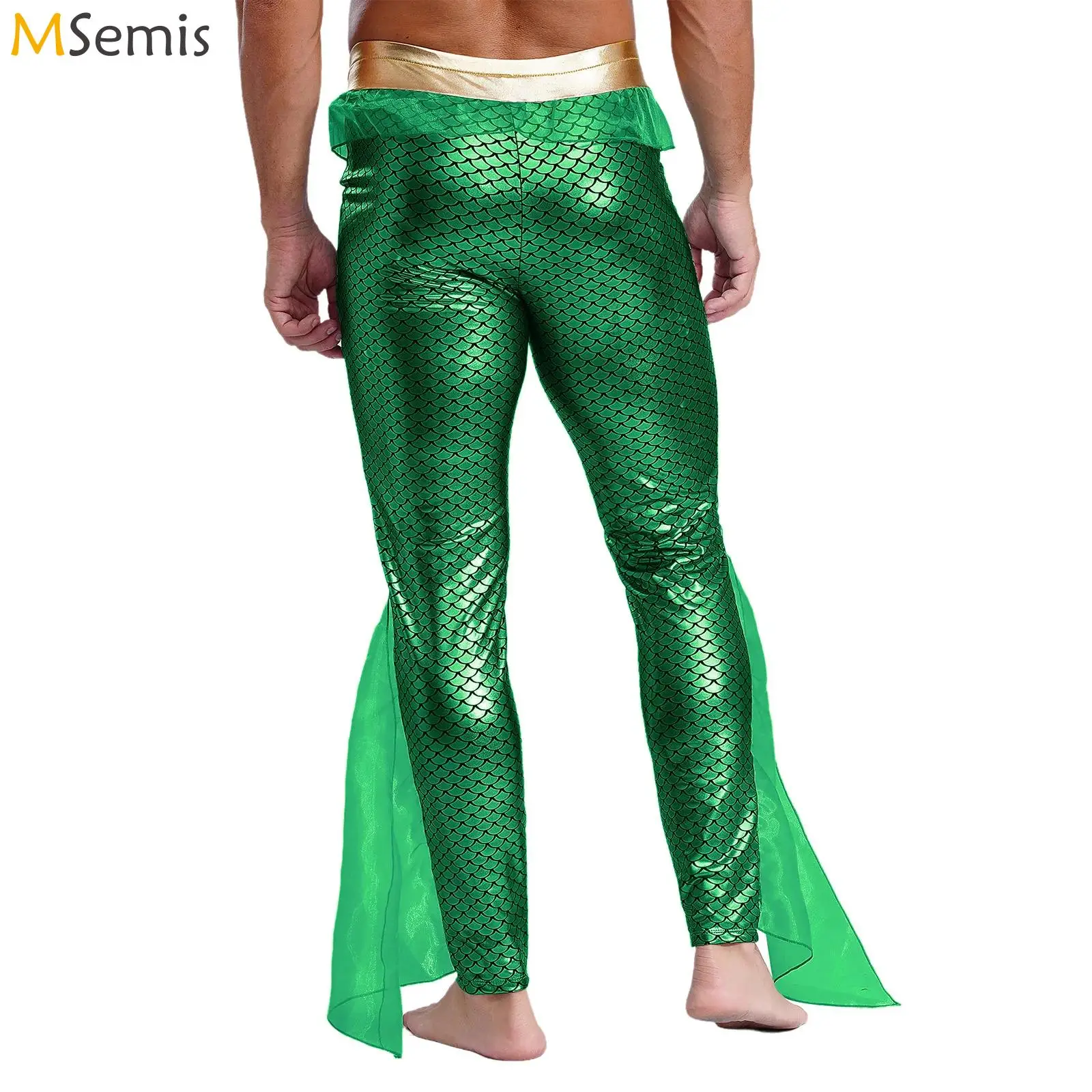 Men King Of The Seas Mermaid Pants Halloween Carnival Cosplay Party God Fancy Dress Up Costume Shiny Fish Scales Tights Leggings