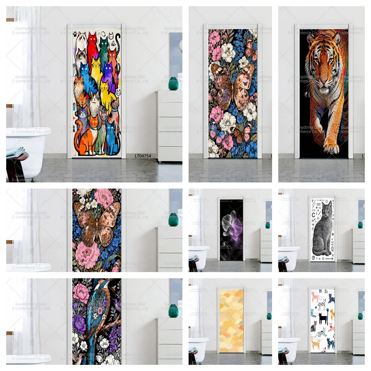 

Home Decor Self-Adhesive PVC Door Stickers - Cute Bird, Bright Floral & Dreamy Girl Pattern Decals