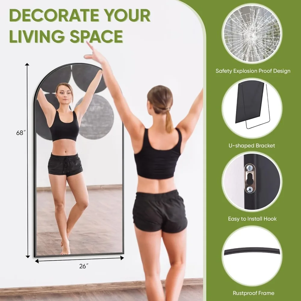 مرآة قائمة مقوسة كاملة الطول مقاس 68 × 26 بوصة لغرفة النوم وغرفة المعيشة وصالة الألعاب الرياضية والنوم - مرآة أرضية أنيقة مقاومة للكسر