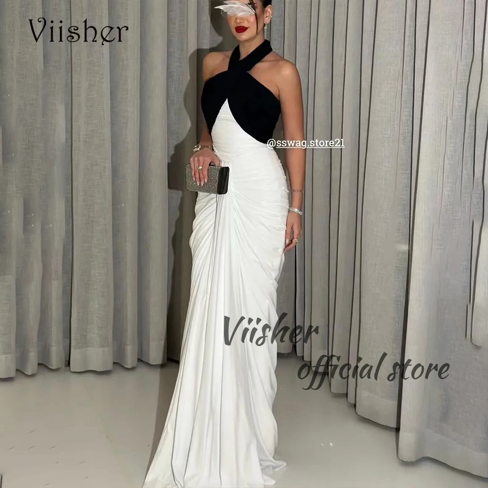 Black White Mermaid Evening Dresses Pleats Chiffon Halter Arabian Dubai Formal Prom Dress Floor Length Evening Party Gowns