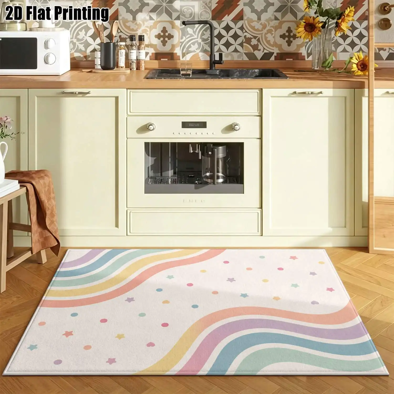 1Pc 2D Printed Macaron Rainbow Striped Star Dot Carpet: Nordic Instagram Modern Minimalist Geometric Floor Mat, Machine Washable, Multi-Size, Ideal for Home Decor, Entrance/Dining/Bedroom/Living Room
