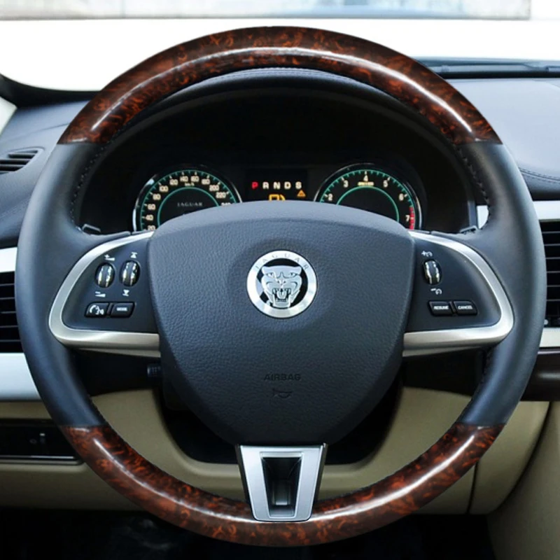 For Jaguar S XF Sportbrake Hand-stitched Non-Slip Genuine Leather Peach Wood Grain Car Steering Wheel Cover Interior 2014 2015