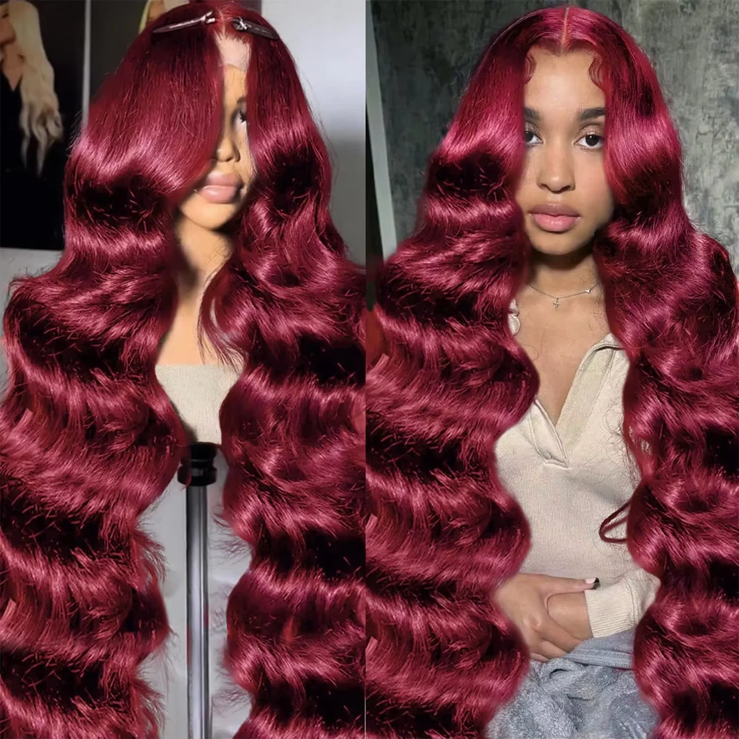 99j Colored Wigs Burgundy 200 Density  Body Wave 13x4 13x6 HD Lace Front 100% Human Hair 36 Inch Lace Frontal Wig For Women