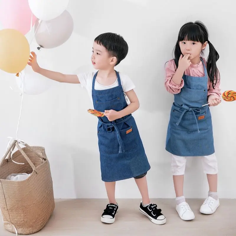 

Kids Apron Denim Parent-Child Apron Cotton Korean Version Cover-up Avental Cozinha Pinafore Antifouling Customizable LOGO