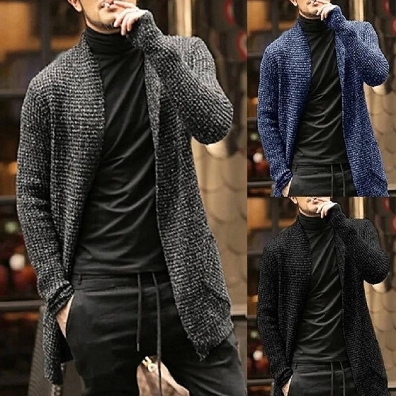 

Cardigan Men Sweaters Mid Length Coats Knitted Casual Loose Regular Splice Coat Open Stitch Autumn Winter Knit Jacket 2024