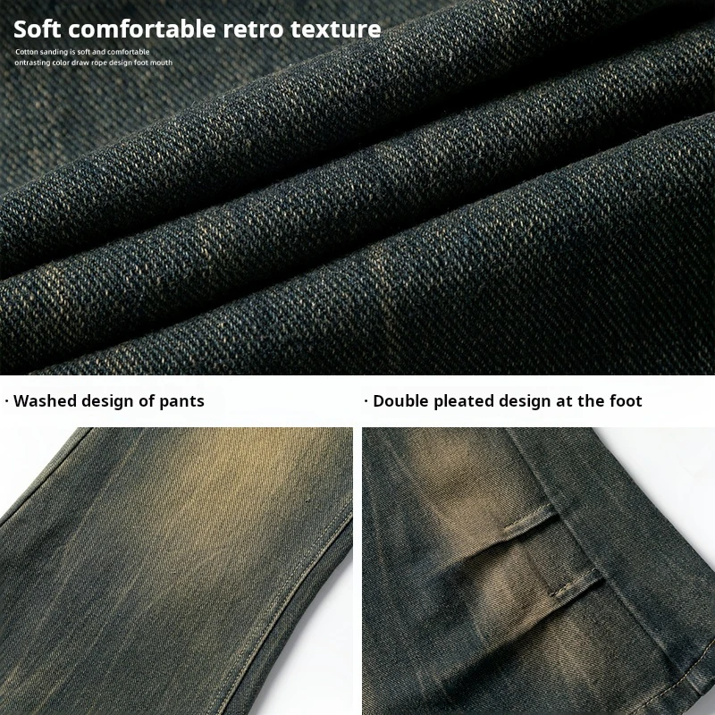 American retro washed denim jeans for men's autumn new style with pleated slightly flared cuffs casual loose straight leg pants