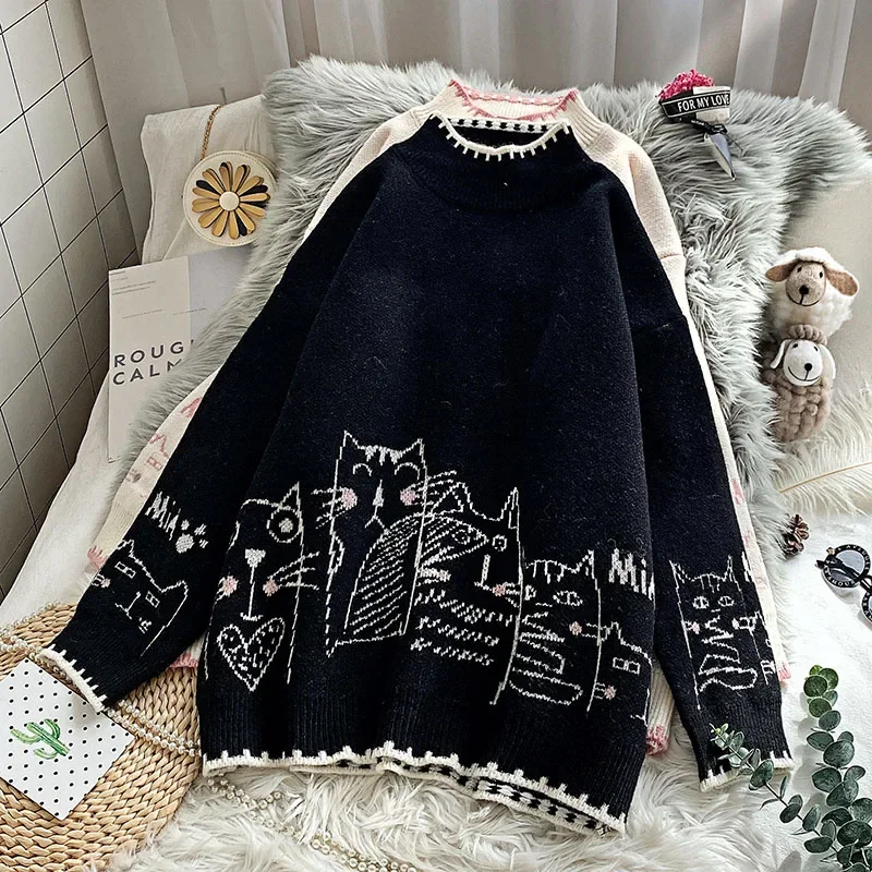 Korobov Women Sweaters Winter Thick Cartoon Knitted Jacquard Pullovers Female O Neck Long Sleve Preppy Style Sueter Mujer