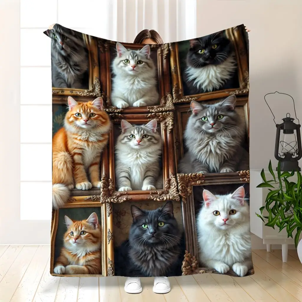 Cozy Cat Photo Collage Print Throw Blanket for Cat Lovers Pet Friends Sofa Decor Kitten Animal Household Gift