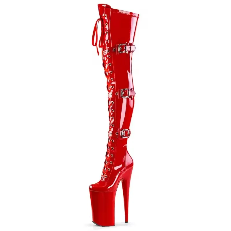 

26CM Black Color PU Sexy Long Boots Nightclub Exotic Over-the-Knee Buckle High Heels 10 Inches Women Platform Pole Dancing Shoes