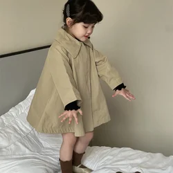 Trench Autumn New Childrens Clothing European Style Girl Loose Coat Solid Color 2024 Simple Turn Down Collar Versatile