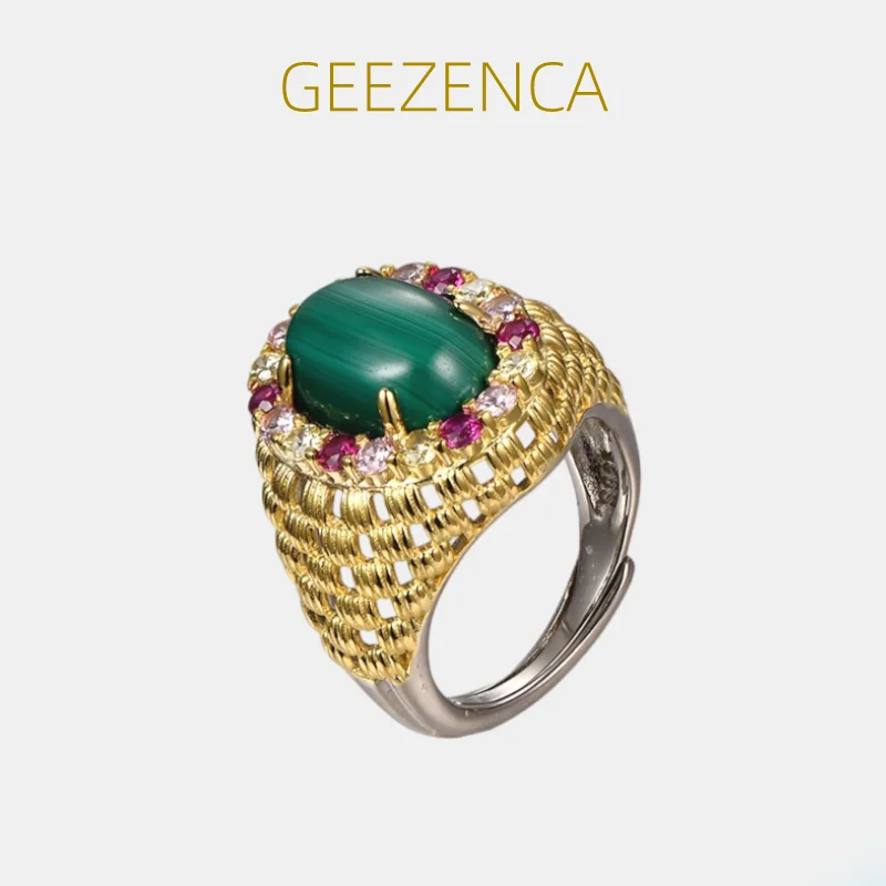 

GEEZENCA Vintage Malachite Zircon 925 Silver Gold Plated Wide Rings For Women Pave Setting Hollow Out Gemstone Cocktail Ring