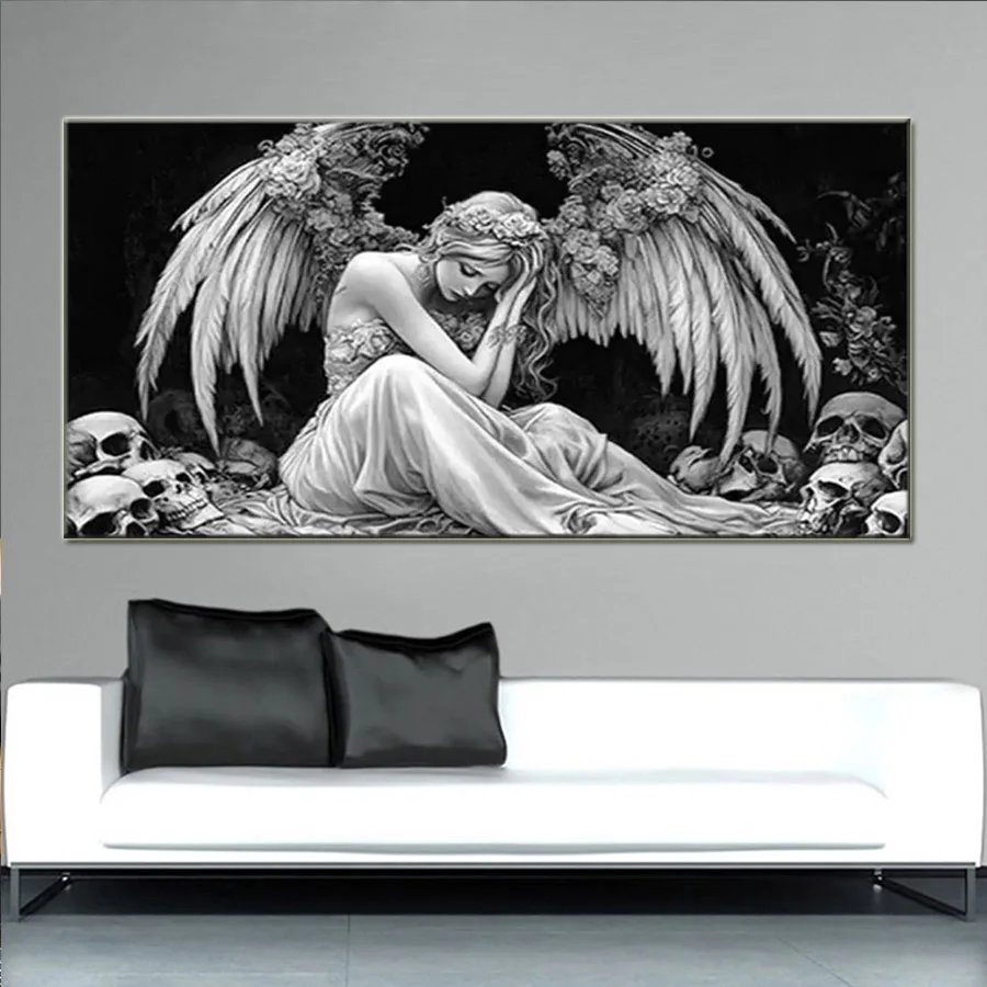 5D Diamond embroidery Lonely, sorrowful angel diamond Painting full drill wings girl pattern black white art painting home decor