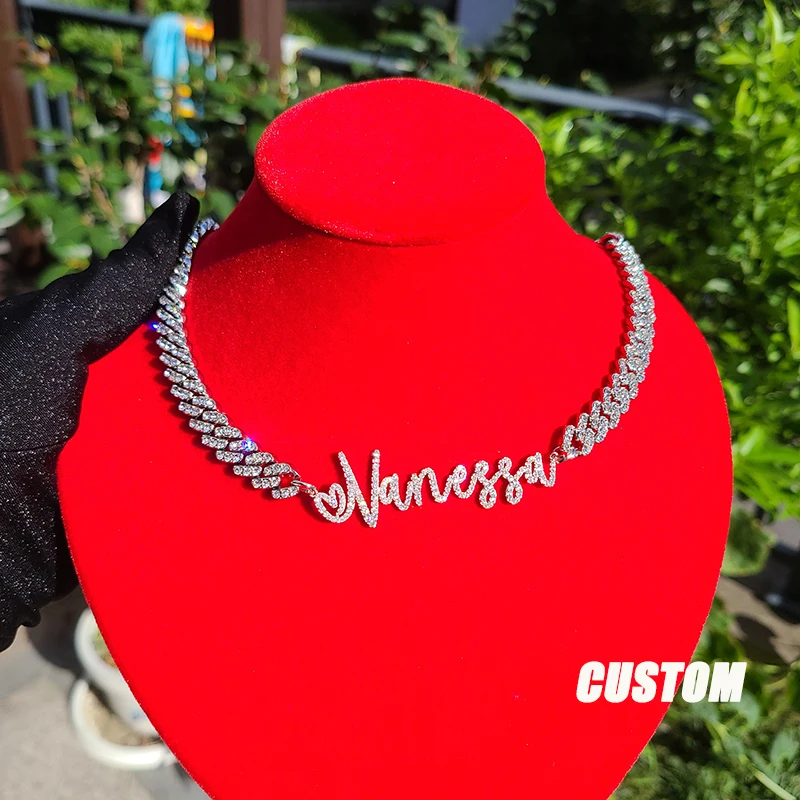 

Customized Name Necklace Copper with Zirconia Word with 9mm Rhinestone Cuban Chain Cursive Font NamePlate Choker Hip HopJewelry