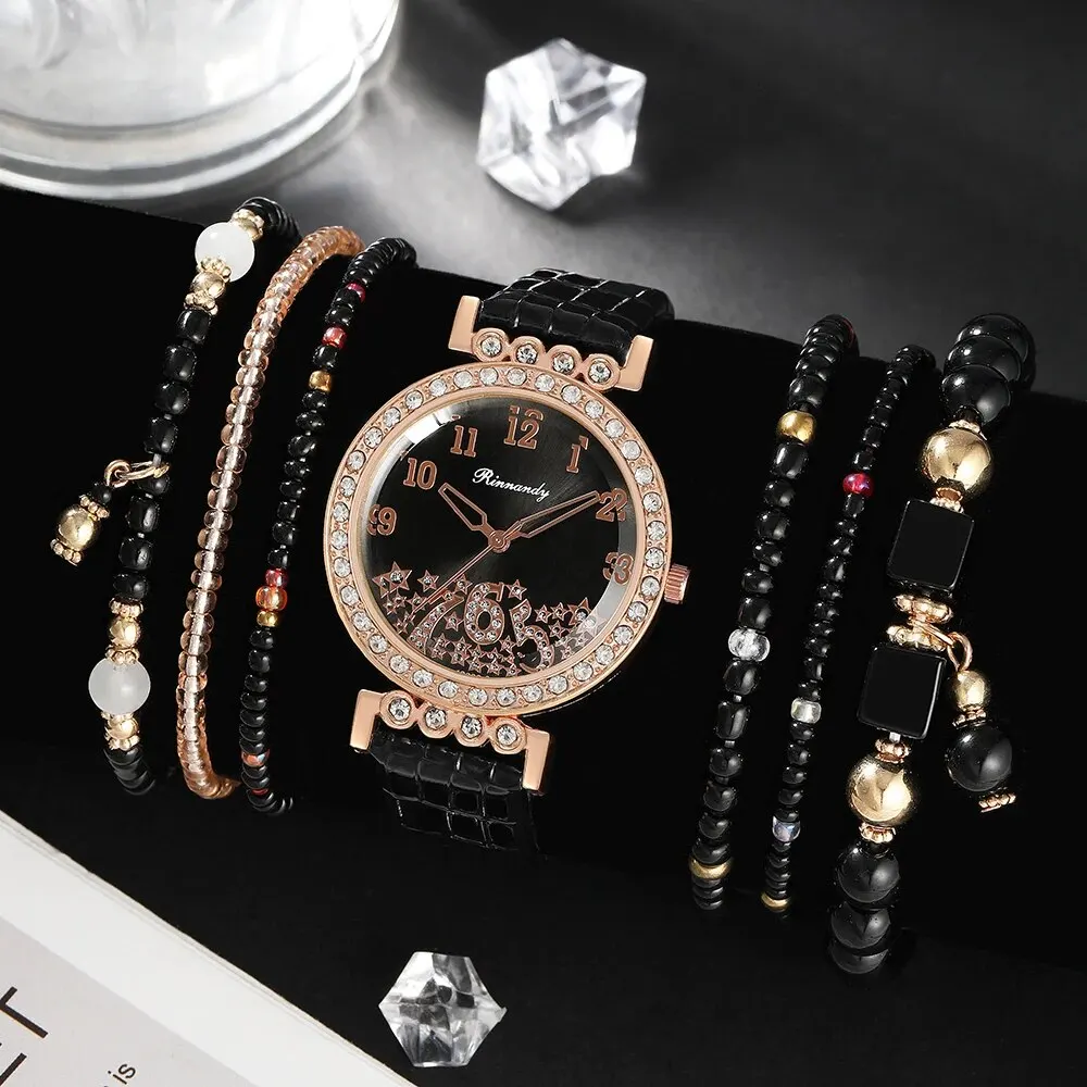 Black Quartz Watch Dainty Bracelet For Women Leisure Casual Round Rhinestone Hollowed Pattern Bracelet Set