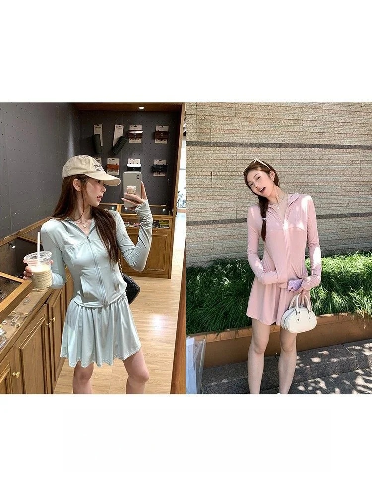 

Imxiang Women's Summer Fashion Set UPF50 Sun Protection Breathable Slim Fit Hatless Coat And Half Skirt Two-Piece Ensemble