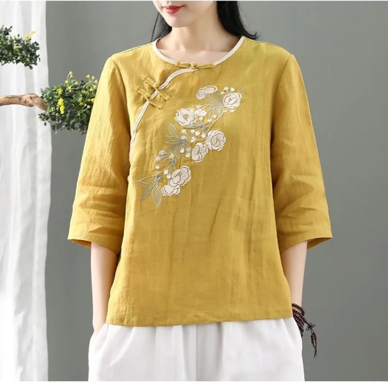 2024 New Summer Chinese Style Fashion Versatile Short Sleeved Loose Round Neck Printed Embroidered Button Women\'s T-shirt Top