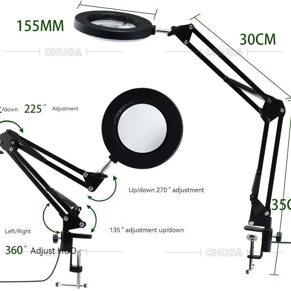 Metal Desk Lamp with 64-LED Magnifying Lens Long Arm 3-Color Light for Tattoo, Microblading, Reading, and Precision Tasks