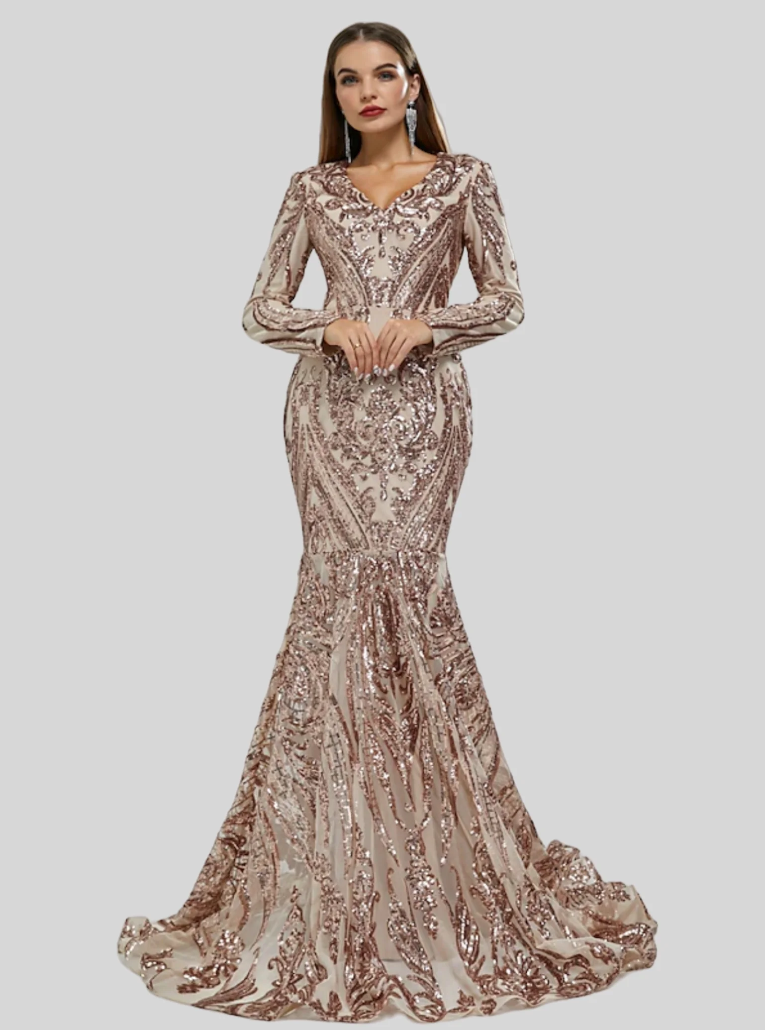 Mermaid / Trumpet Evening Gown Elegant Dress Carnival Formal Court Train Long Sleeve V Neck  Lace with Sequin 2024