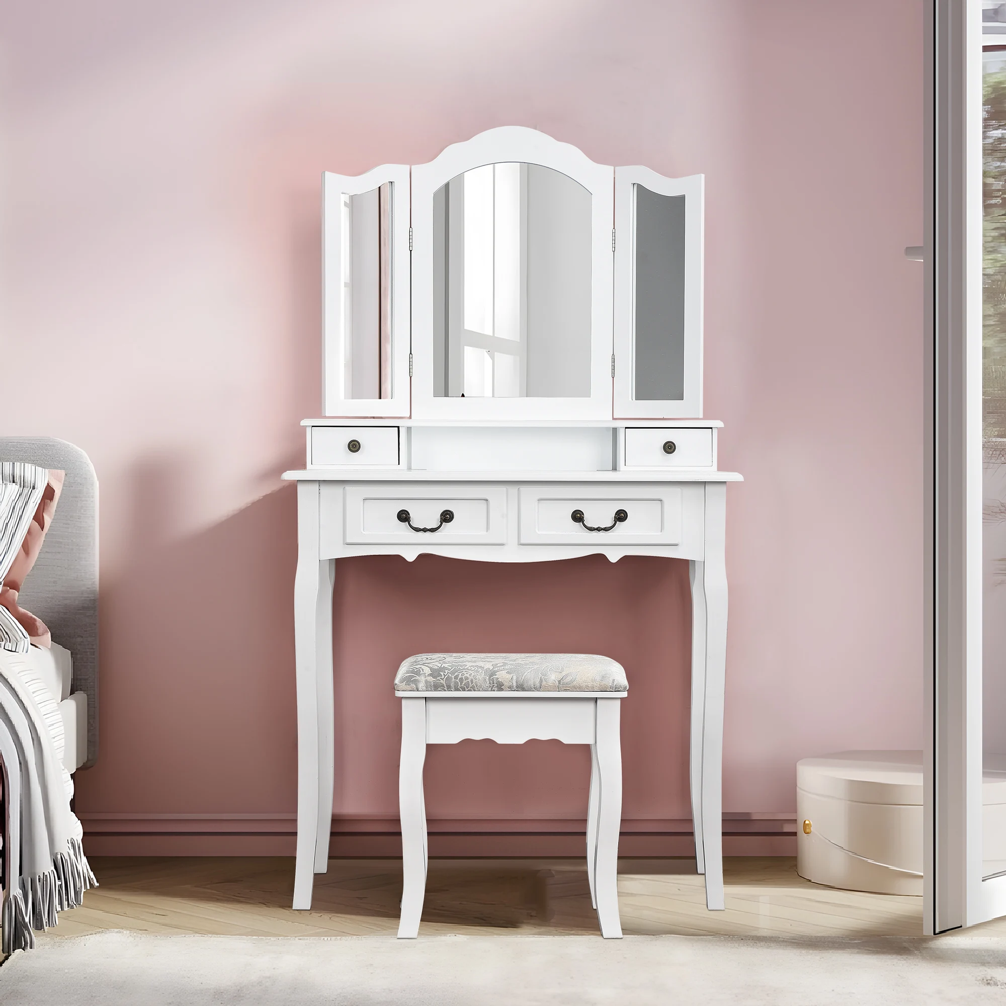 Large Dressing Table,Make-up Table, with 3 Shutters Mirror, 4 Drawers and 1 Stool,80x40x140.5cm,White