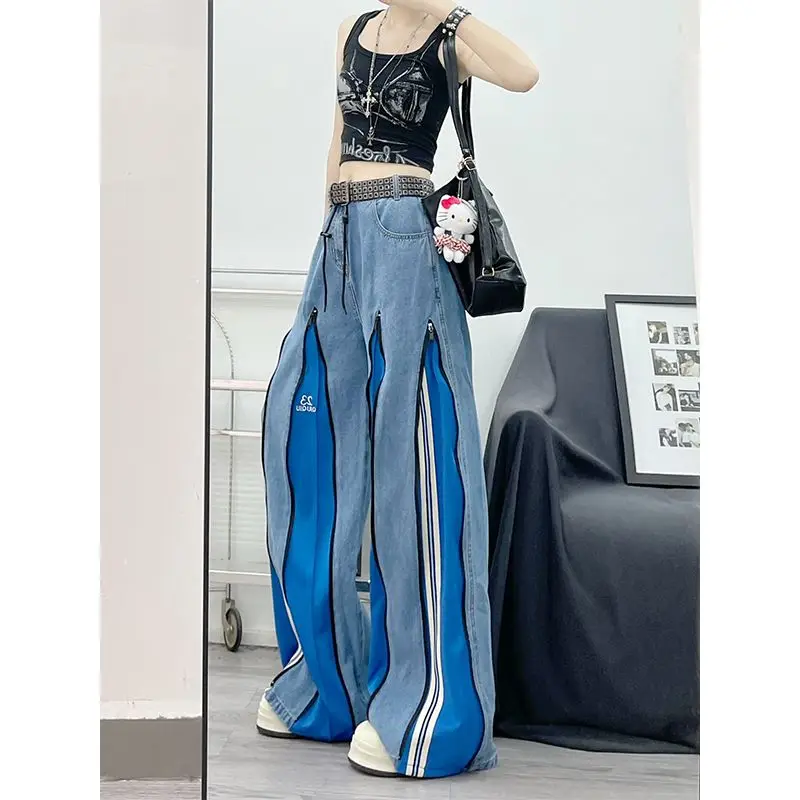 جينز نسائي متباين بربط عالي الشارع لخريف 2025 تصميم جديد بسحاب مستقيم واسع الساق