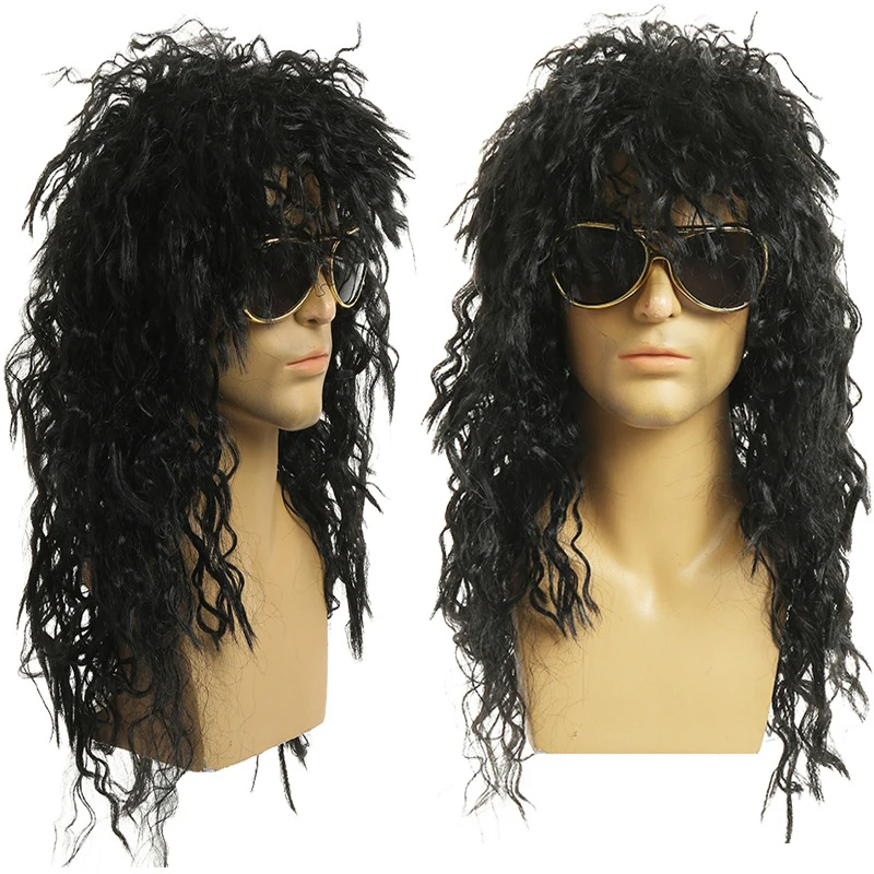 Men Long Curly Wig Black Wig Male Synthetic Cosplay Wigs Puffy High Fiber Machine For Rock Party Fluffy Nightclub Bar Wig