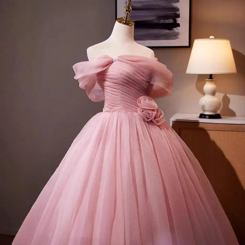 Pink High-end Fluffy Skirt Princess Style Light Wedding Dress With One Shoulder Light Luxury Fairy Evening Dress Customized