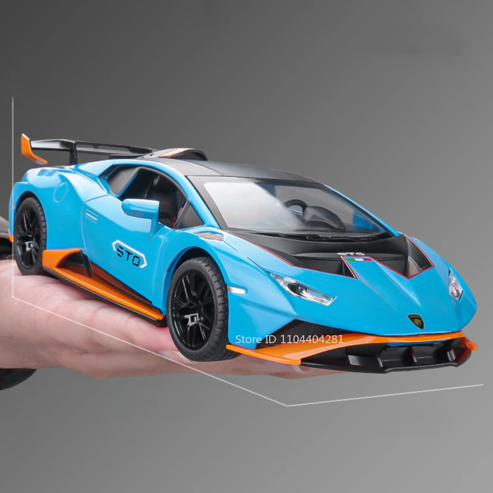 1:24 Lambor Huracan STO SCV12 Model Toys Alloy Diecast Cars Doors Opened with Sound Light Pull Back Vehices Boy's Birthday Gifts