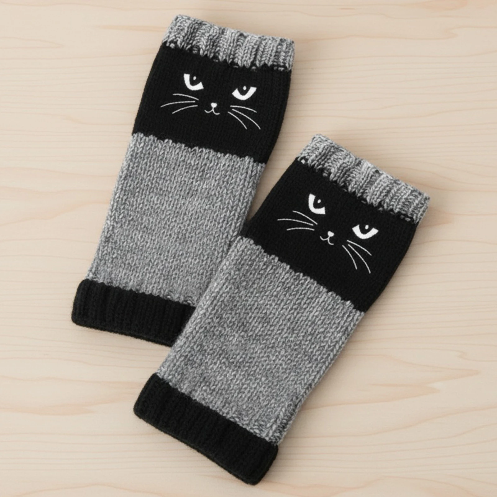 Womens Warm Cozy Winter Gloves Cute Cat Embroidery Splicing Knit Fingerless Mittens for Cold Weather Typing Working Driving